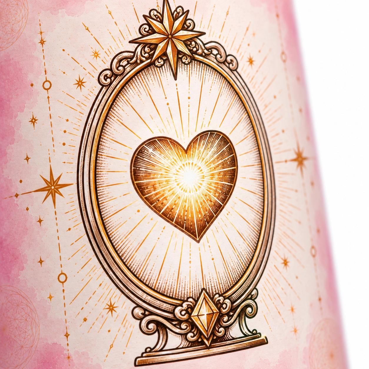 Vela Amor propio_ espejo ovalado y corazón Velón de Amor Propio con etiqueta ilustrada de un espejo y un corazón luminoso