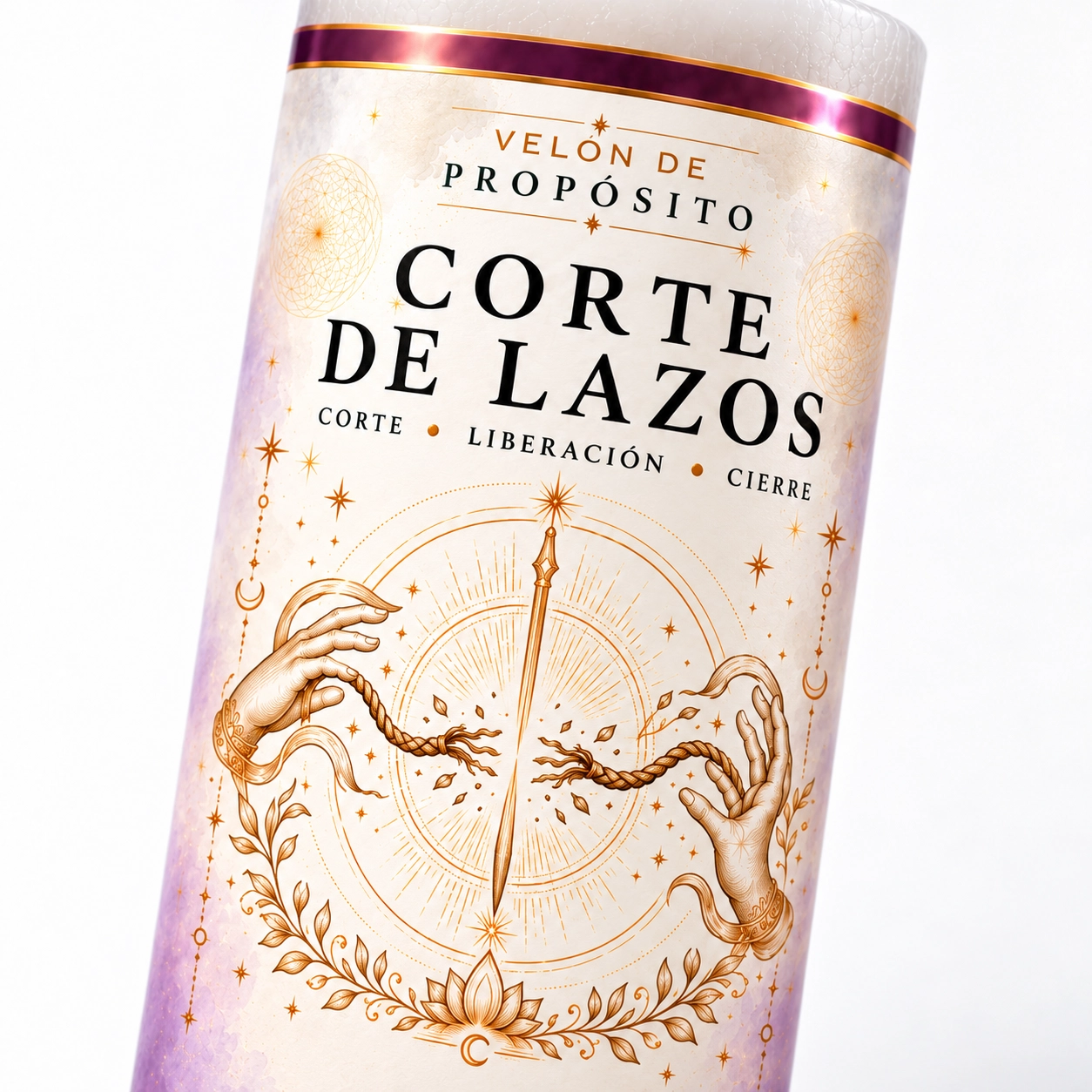 Vela Corte de lazos en primer plano-3 Velón de Corte de Lazos con etiqueta ilustrada de dos manos y una cuerda cortada