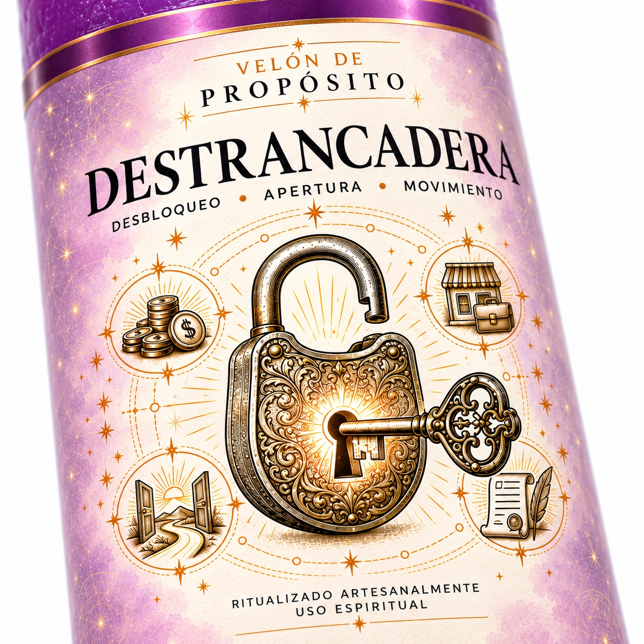 Vela DESTRANCADERA morada con candado abierto-3 Velón Destrancadera de Zi-Enki con etiqueta ilustrada de un candado abierto y una llave