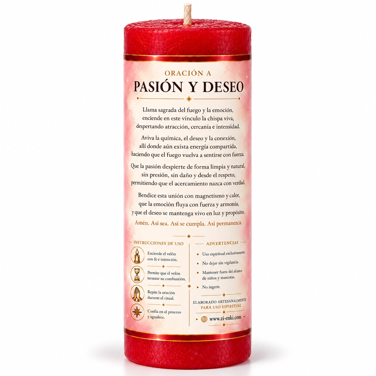 Vela Pasión y Deseo, vista trasera-2 Velón de Pasión y Deseo rojo con etiqueta ilustrada de un cáliz con llamas