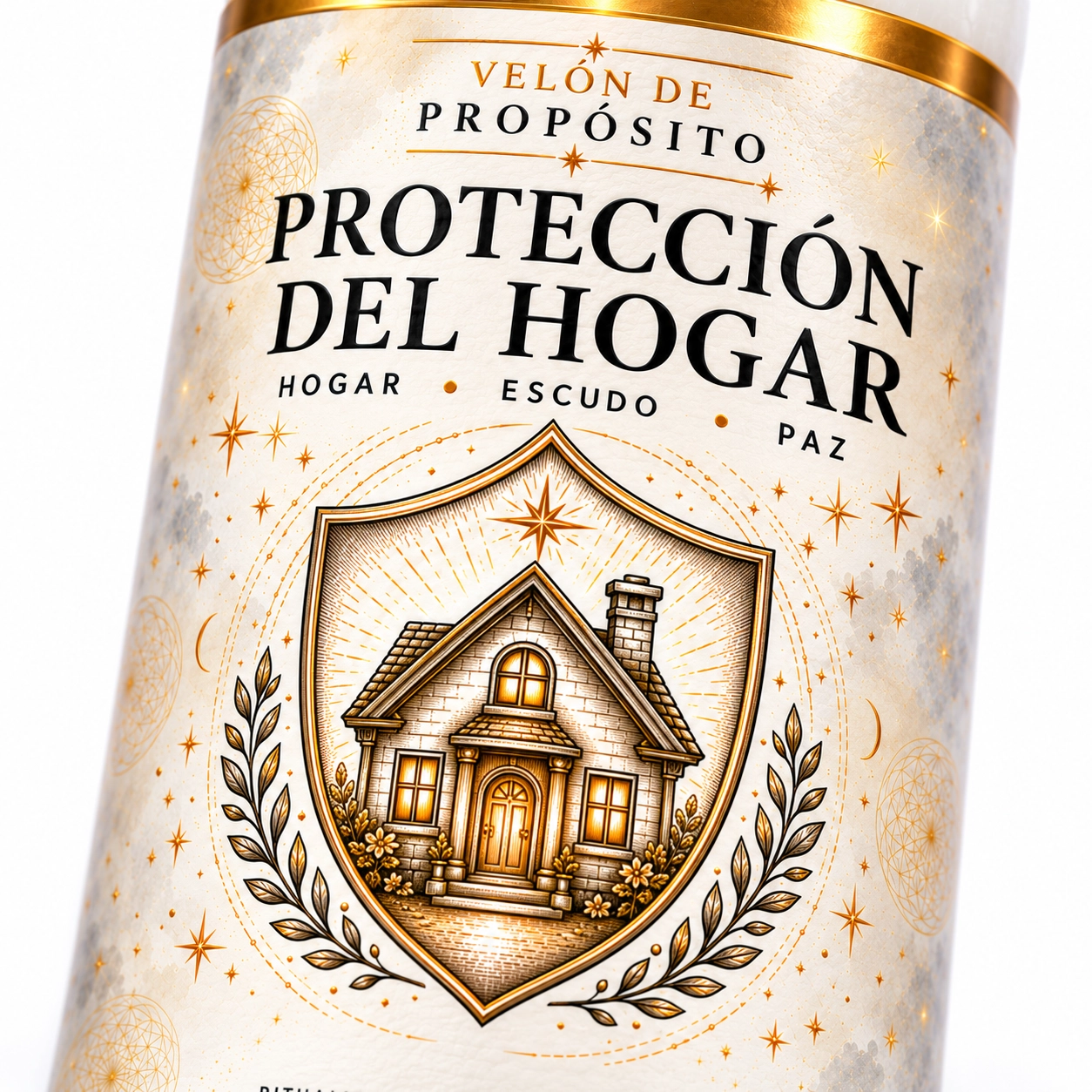 Vela Protección del hogar en detalle-3 Velón Protección del Hogar de Zi-Enki con su etiqueta original de una casa dentro de un escudo