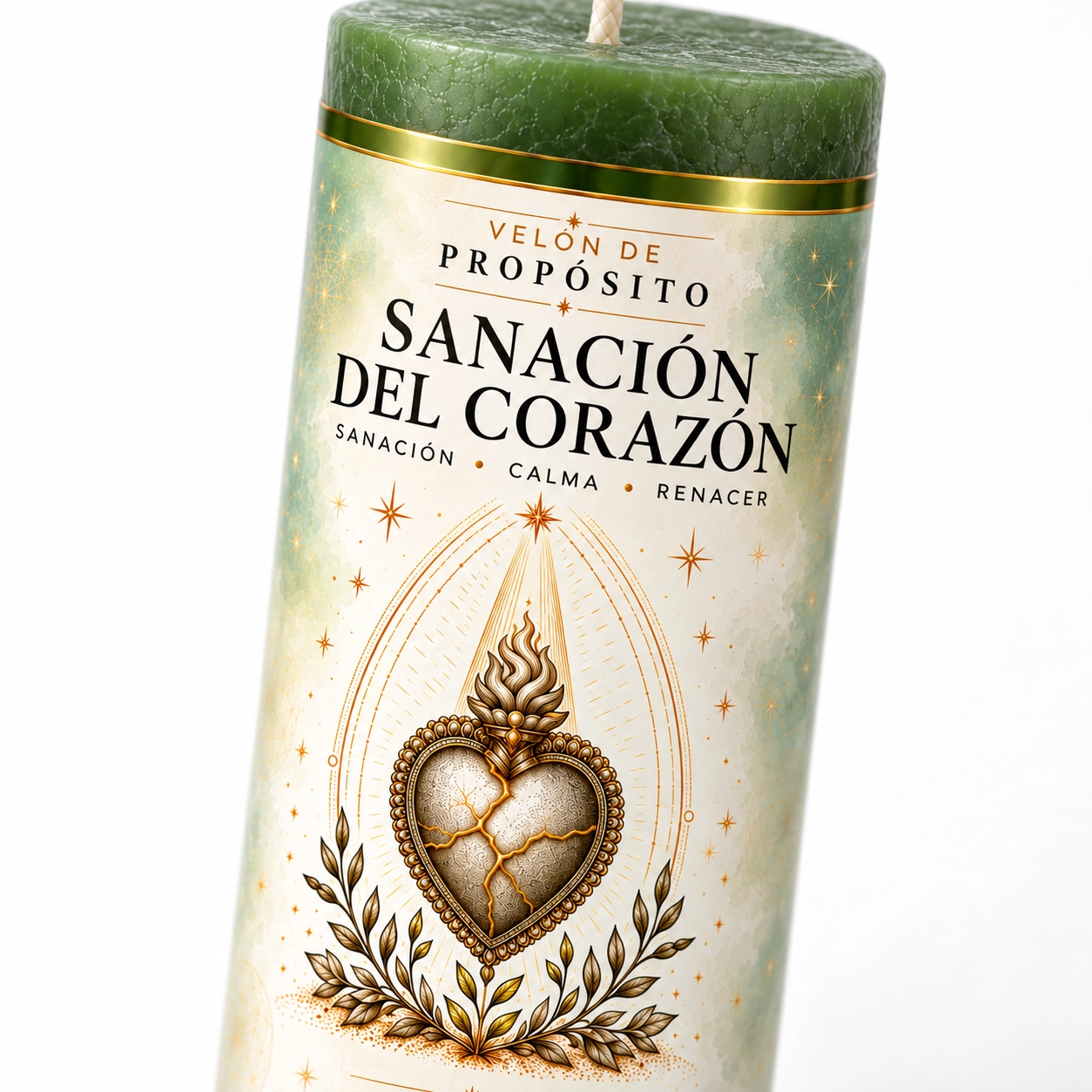 Vela Sanación del Corazón en primer plano-3 Velón de Sanación del Corazón con etiqueta ilustrada de un corazón con grietas luminosas y una llama