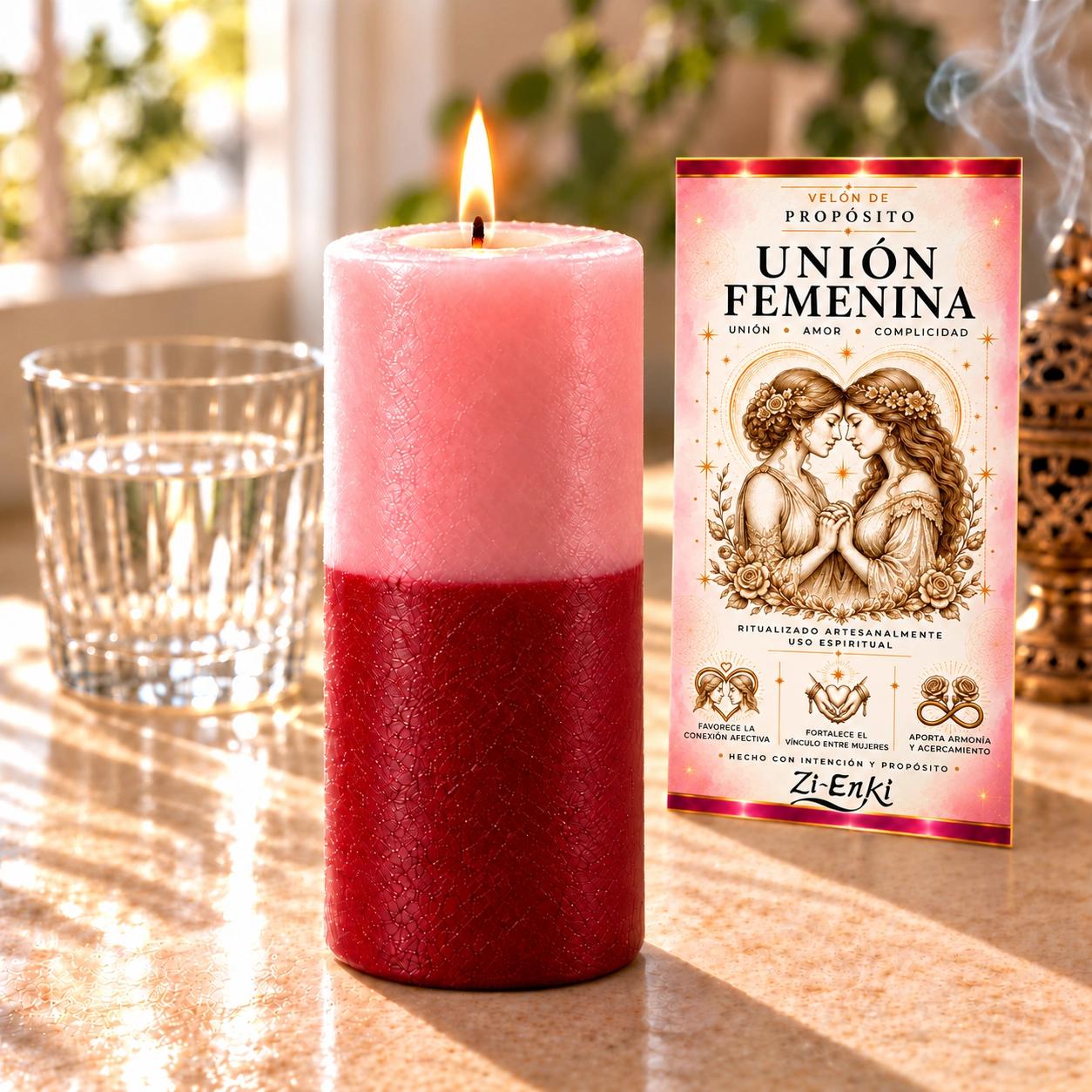 Vela Unión Femenina en luz cálida-4 Velón Unión Femenina de Zi-Enki con su etiqueta original de dos mujeres con las manos unidas y rodeadas de flores