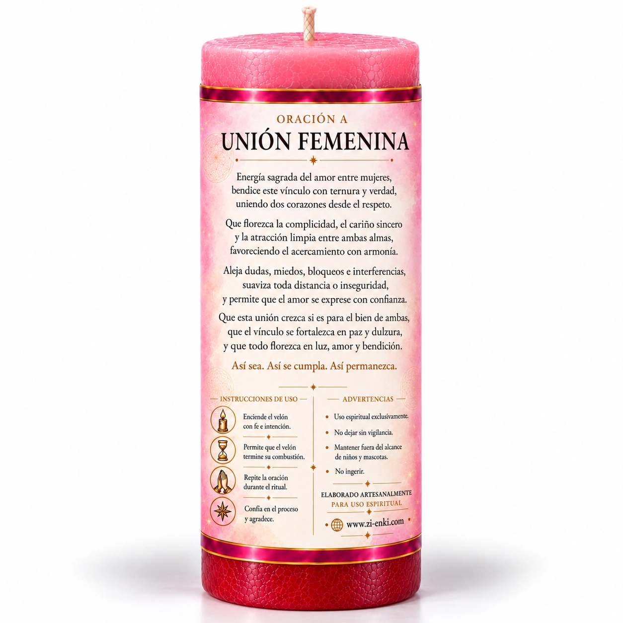 Vela Unión Femenina, reverso artesanal-2 Velón Unión Femenina de Zi-Enki con su etiqueta original de dos mujeres con las manos unidas y rodeadas de flores