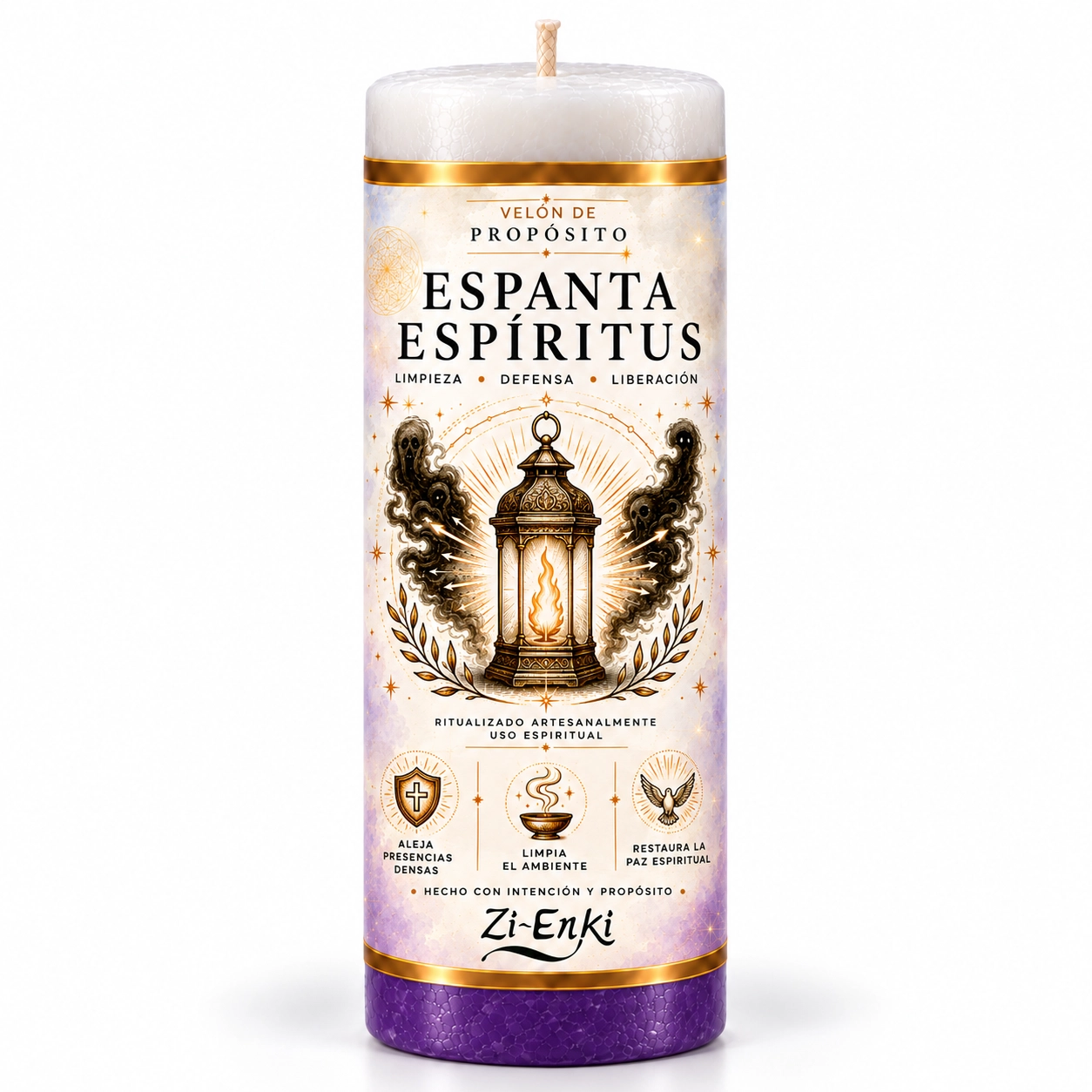 Velón Espanta Espíritus de Zi-Enki con su etiqueta original de un farol encendido que dispersa sombras