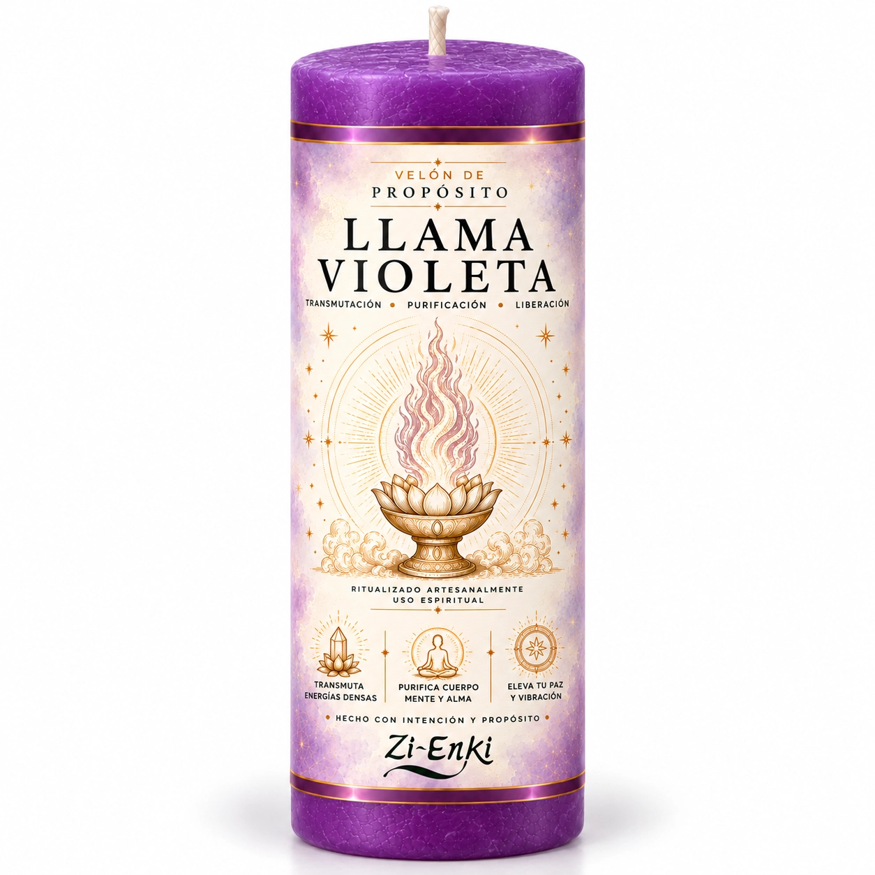 Velón de Llama Violeta con etiqueta ilustrada de una llama sobre una flor de loto
