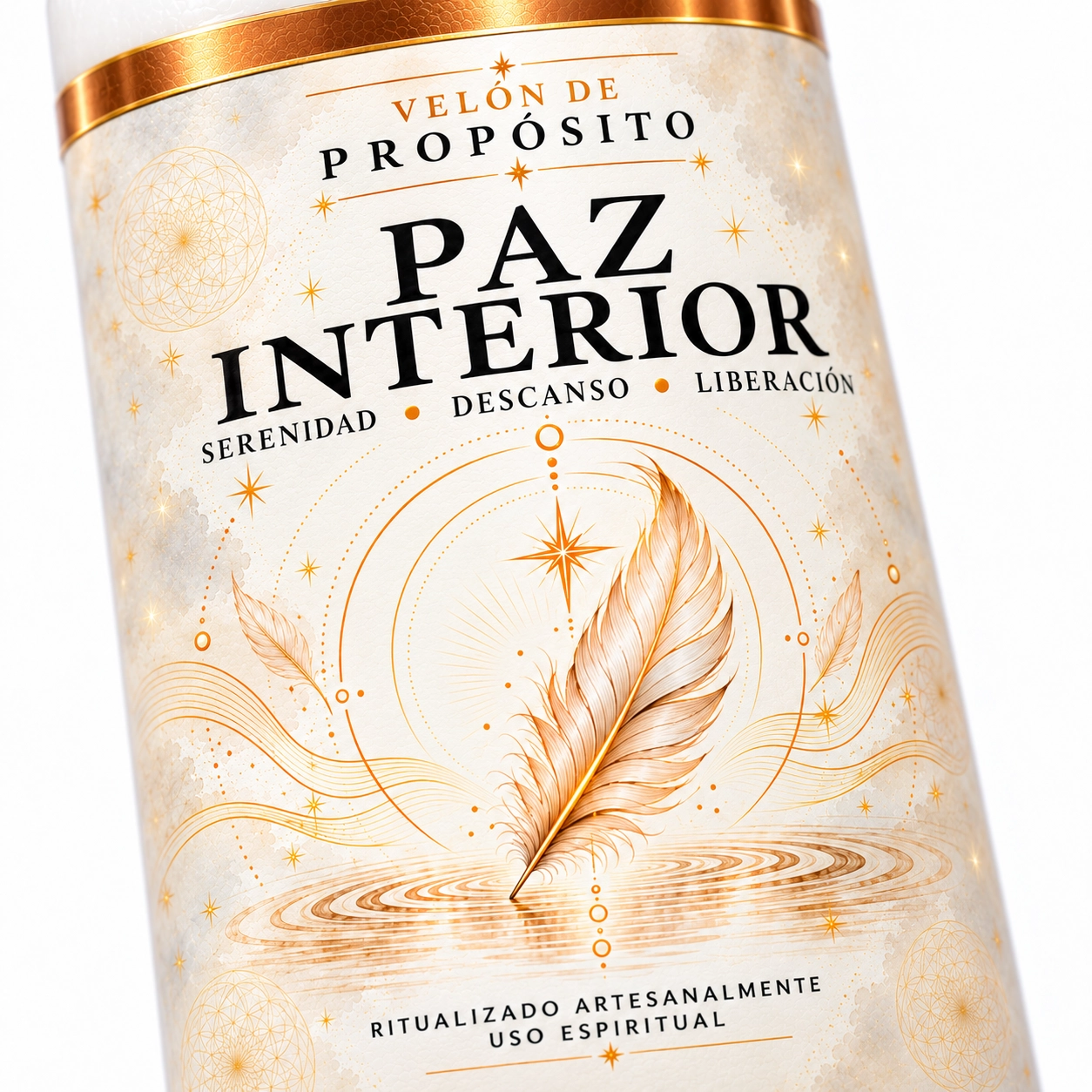 Velón Paz Interior – Zi-Enki Velón Paz Interior de Zi-Enki con etiqueta ilustrada de una pluma sobre agua con ondas concéntricas
