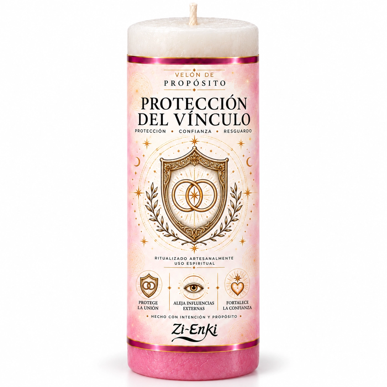 Velón de Protección del Vínculo con etiqueta ilustrada de un escudo y anillos entrelazados