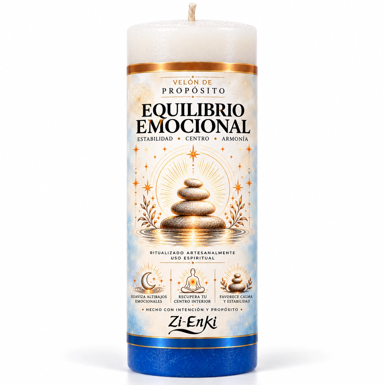 Velón Equilibrio Emocional de Zi-Enki con etiqueta ilustrada de cuatro piedras apiladas sobre el agua
