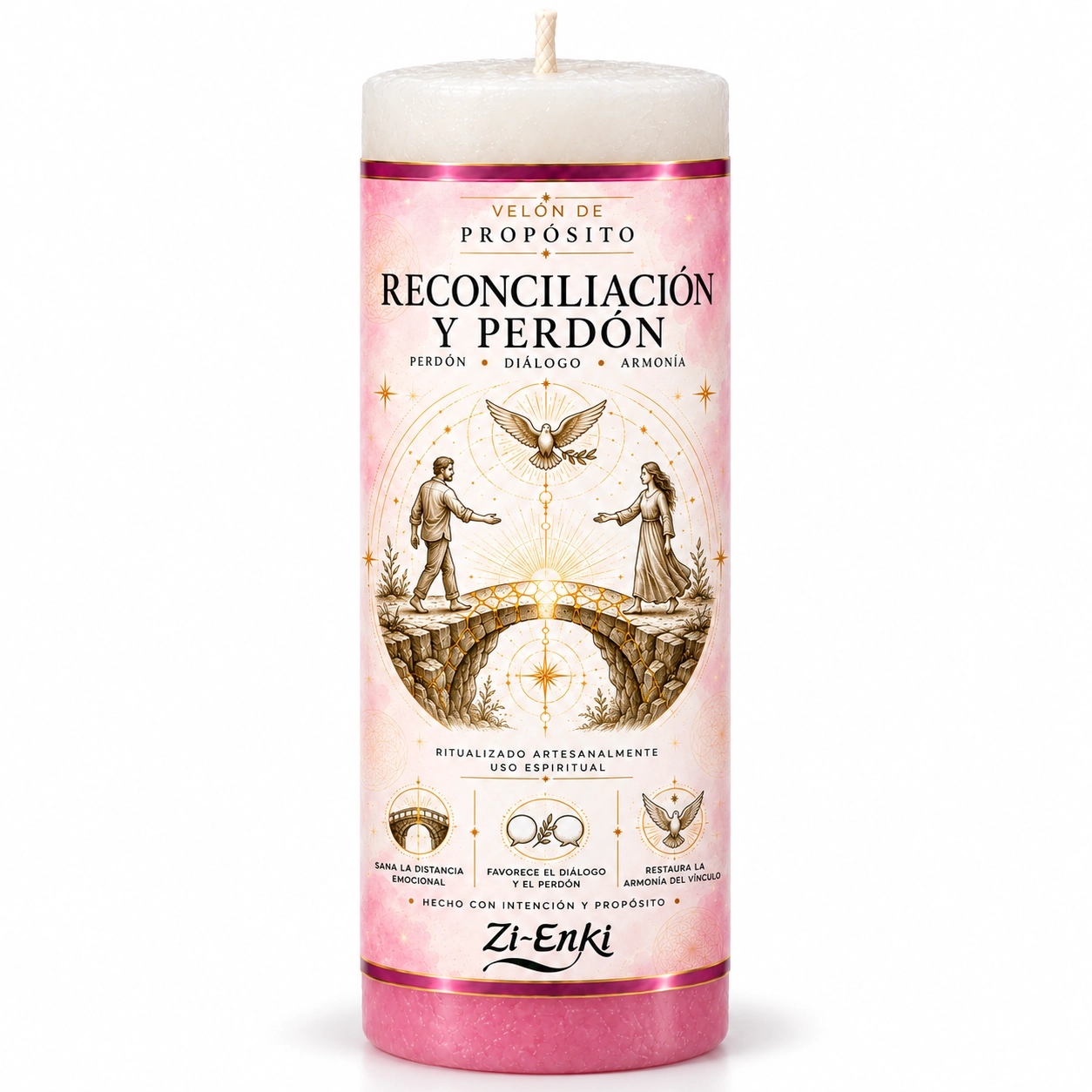 Velón de Reconciliación y Perdón blanco y rosa con etiqueta ilustrada de un puente y dos personas