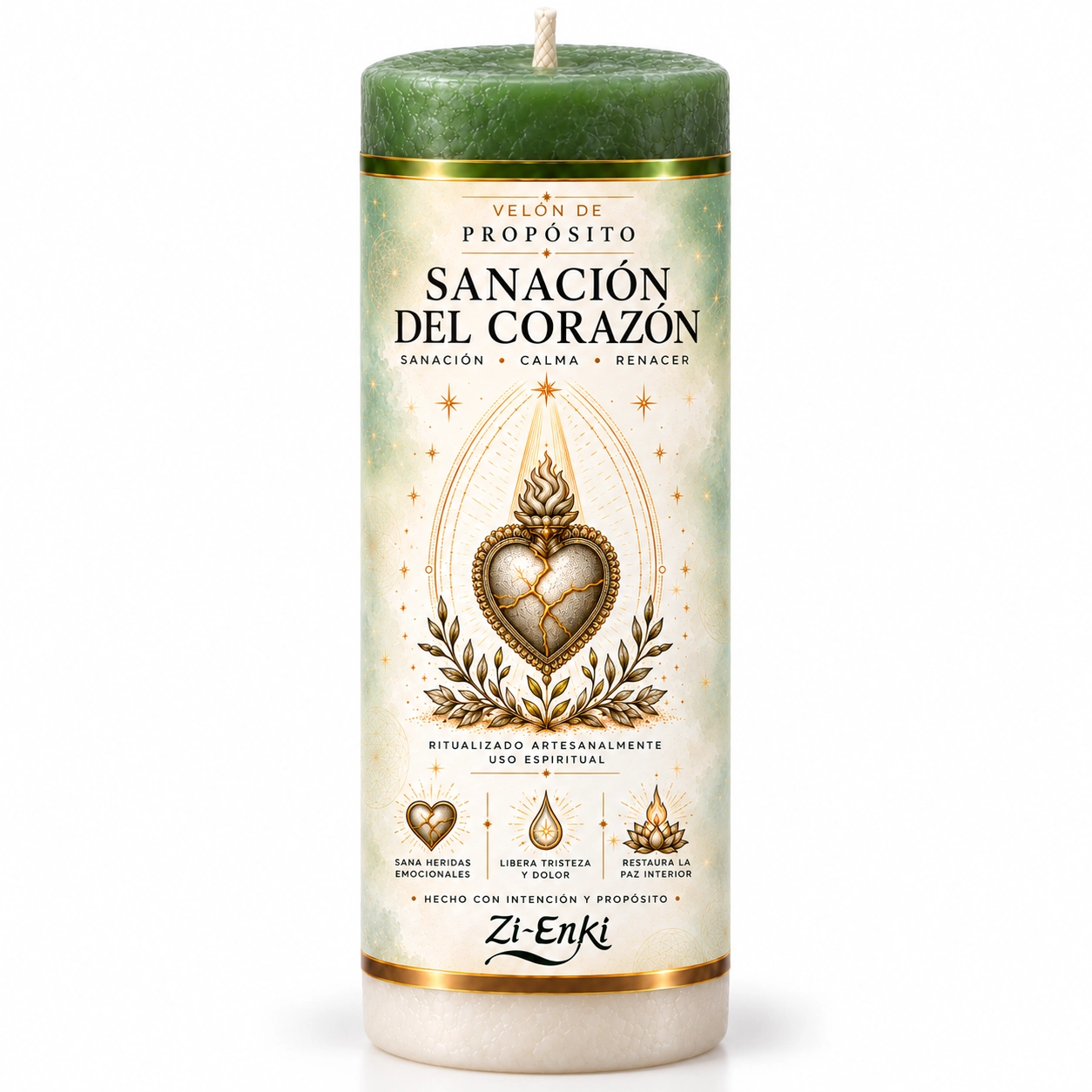Velón de Sanación del Corazón con etiqueta ilustrada de un corazón con grietas luminosas y una llama