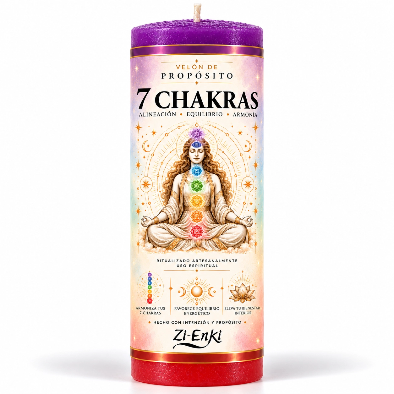 Velón 7 Chakras de Zi-Enki con etiqueta ilustrada de una figura meditando y siete símbolos de chakras