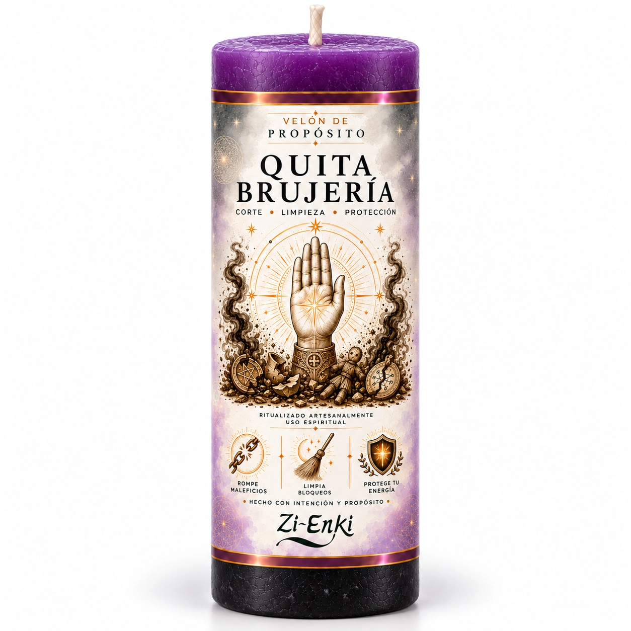 Velón Quita Brujería con etiqueta ilustrada de una mano abierta y un destello en la palma