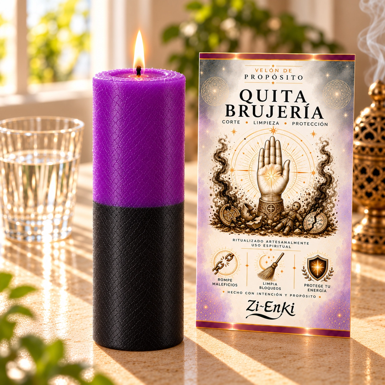 Velón Quita Brujería – Zi-Enki Velón Quita Brujería con etiqueta ilustrada de una mano abierta y un destello en la palma