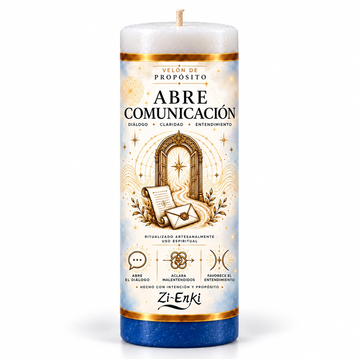Velón Abre Comunicación de Zi-Enki con su etiqueta original de puertas abiertas, pergamino y sobre