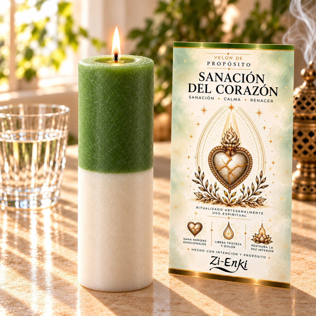 Vela Zi-Enki, sanación del corazón-4 Velón de Sanación del Corazón con etiqueta ilustrada de un corazón con grietas luminosas y una llama