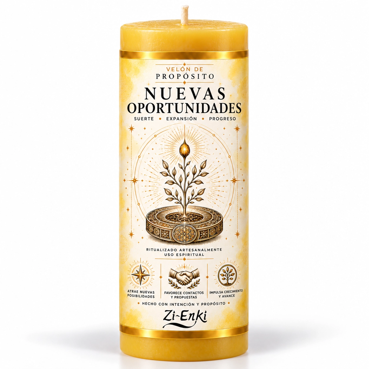 Velón Nuevas Oportunidades de Zi-Enki con su etiqueta original de una planta con brote luminoso sobre una base ornamentada