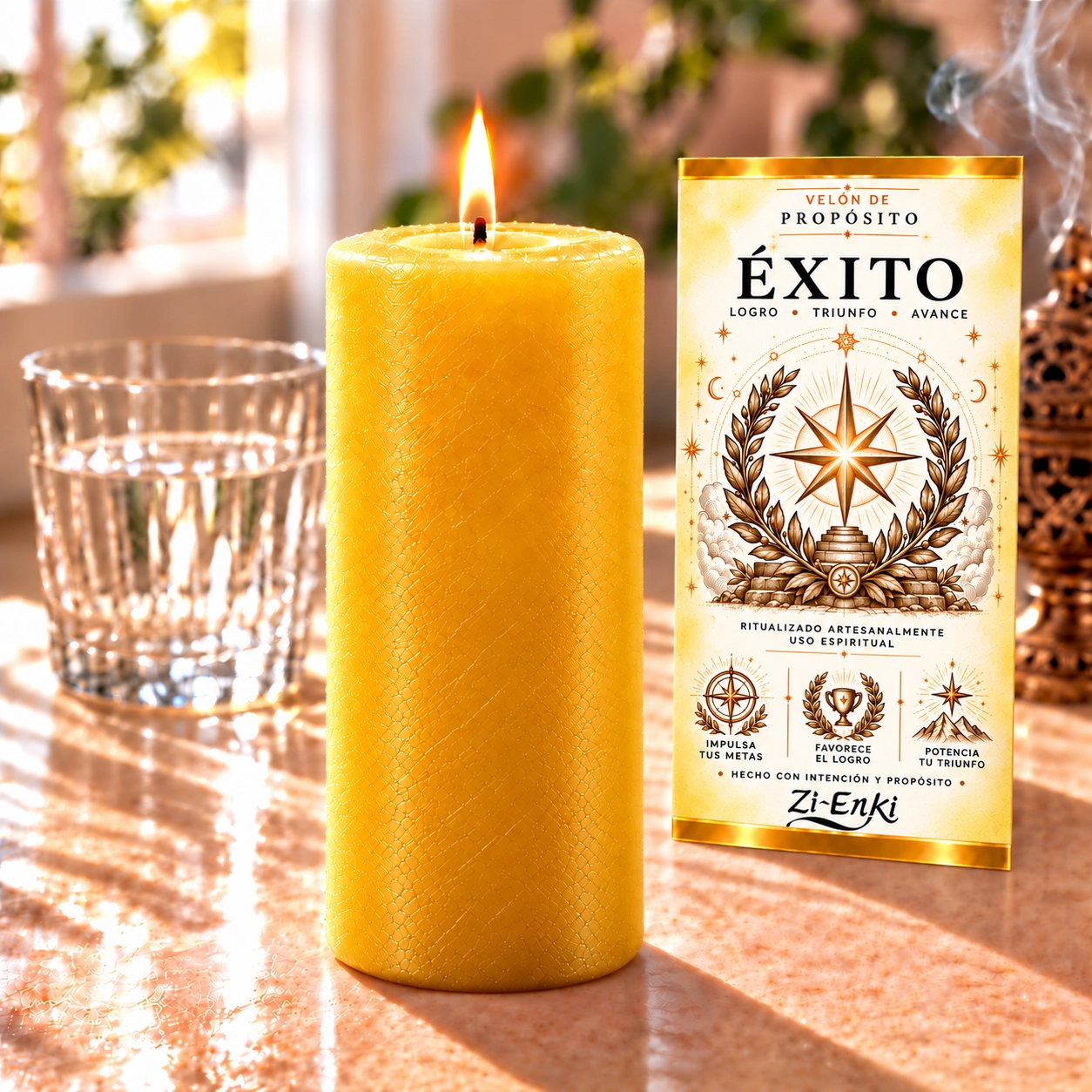 Velón Éxito – Zi-Enki Velón Éxito de Zi-Enki con etiqueta ilustrada de estrella radiante y corona de laurel