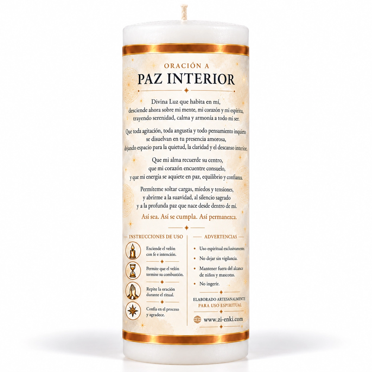 Velón Paz Interior – Zi-Enki Velón Paz Interior de Zi-Enki con etiqueta ilustrada de una pluma sobre agua con ondas concéntricas