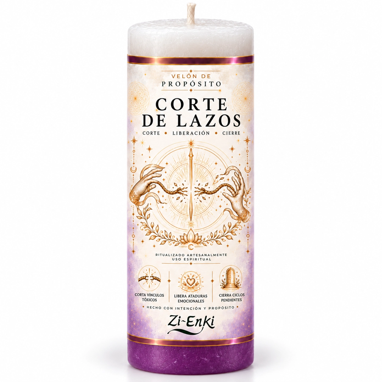 Velón de Corte de Lazos con etiqueta ilustrada de dos manos y una cuerda cortada