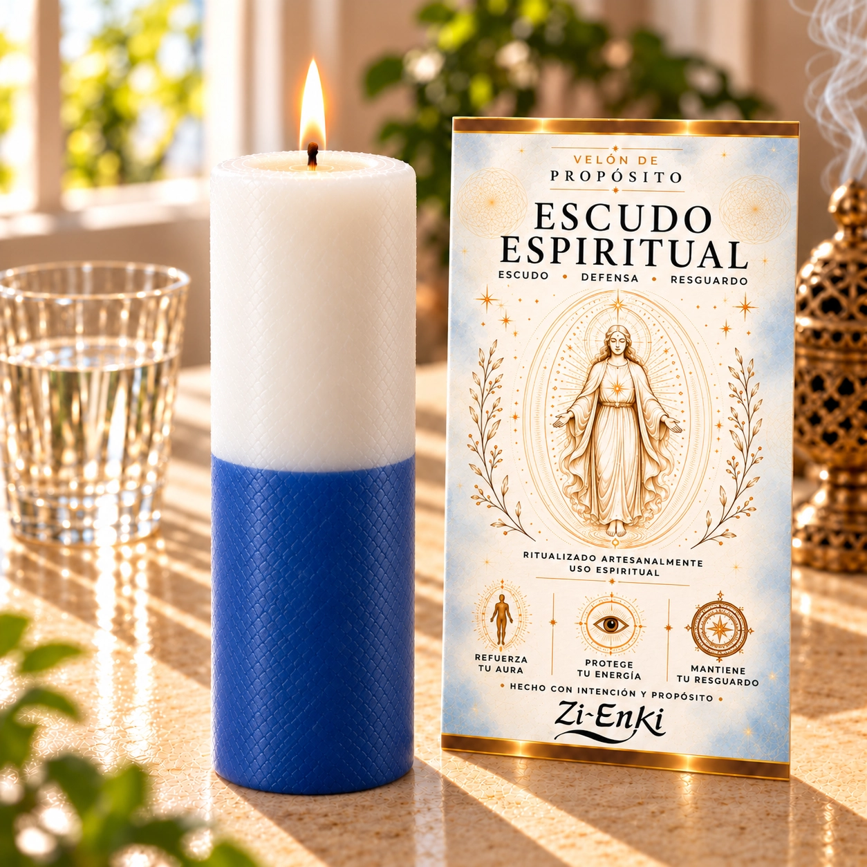 Velón Escudo Espiritual – Zi-Enki Velón Escudo Espiritual con etiqueta ilustrada de una figura rodeada por un óvalo de luz