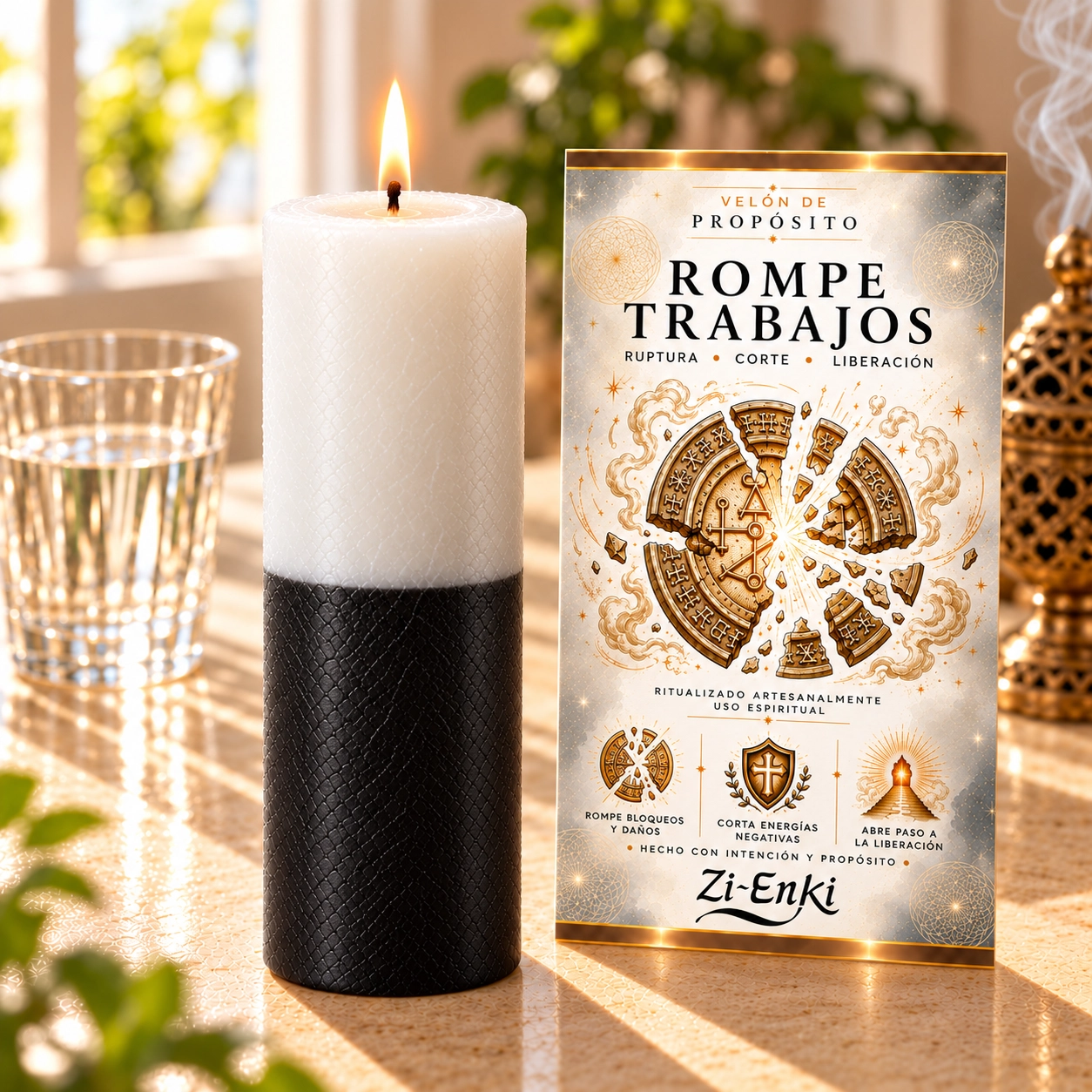 Velón Rompe Trabajos – Zi-Enki Velón Rompe Trabajos con etiqueta ilustrada de un sello circular que se fragmenta