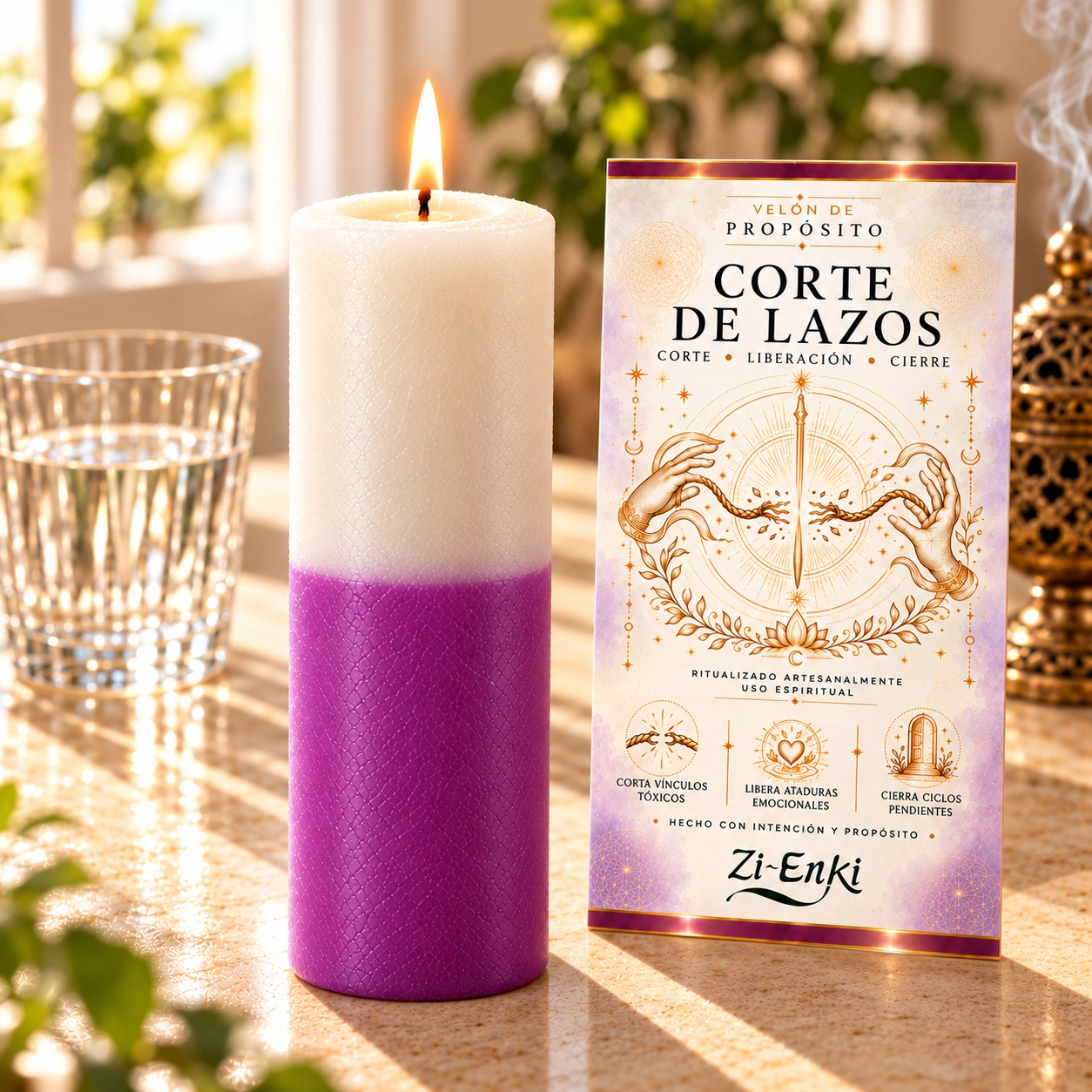 Vela bicolor Zi-Enki con etiqueta ritual-4 Velón de Corte de Lazos con etiqueta ilustrada de dos manos y una cuerda cortada