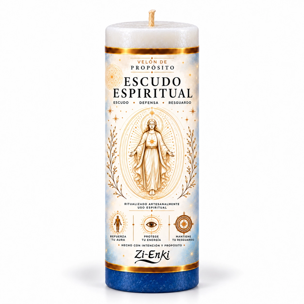 Velón Escudo Espiritual con etiqueta ilustrada de una figura rodeada por un óvalo de luz