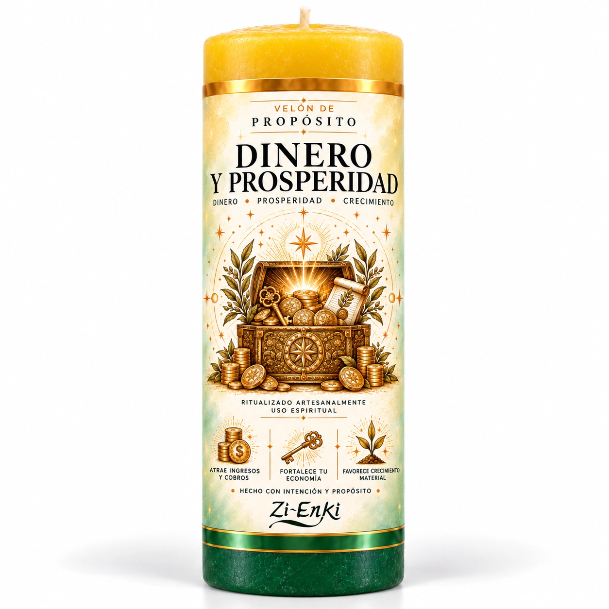 Velón Dinero y Prosperidad de Zi-Enki con etiqueta ilustrada de cofre, monedas y llave