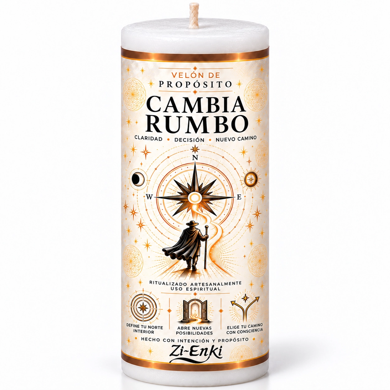 Velón blanco Cambia Rumbo de Zi-Enki con una brújula y un caminante en la etiqueta
