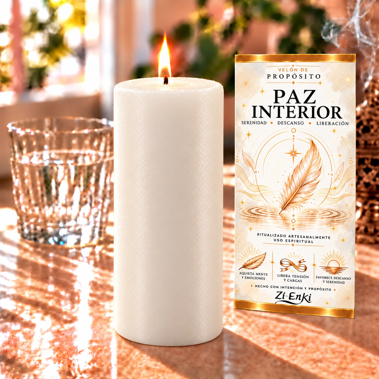 Velón Paz Interior – Zi-Enki Velón Paz Interior de Zi-Enki con etiqueta ilustrada de una pluma sobre agua con ondas concéntricas