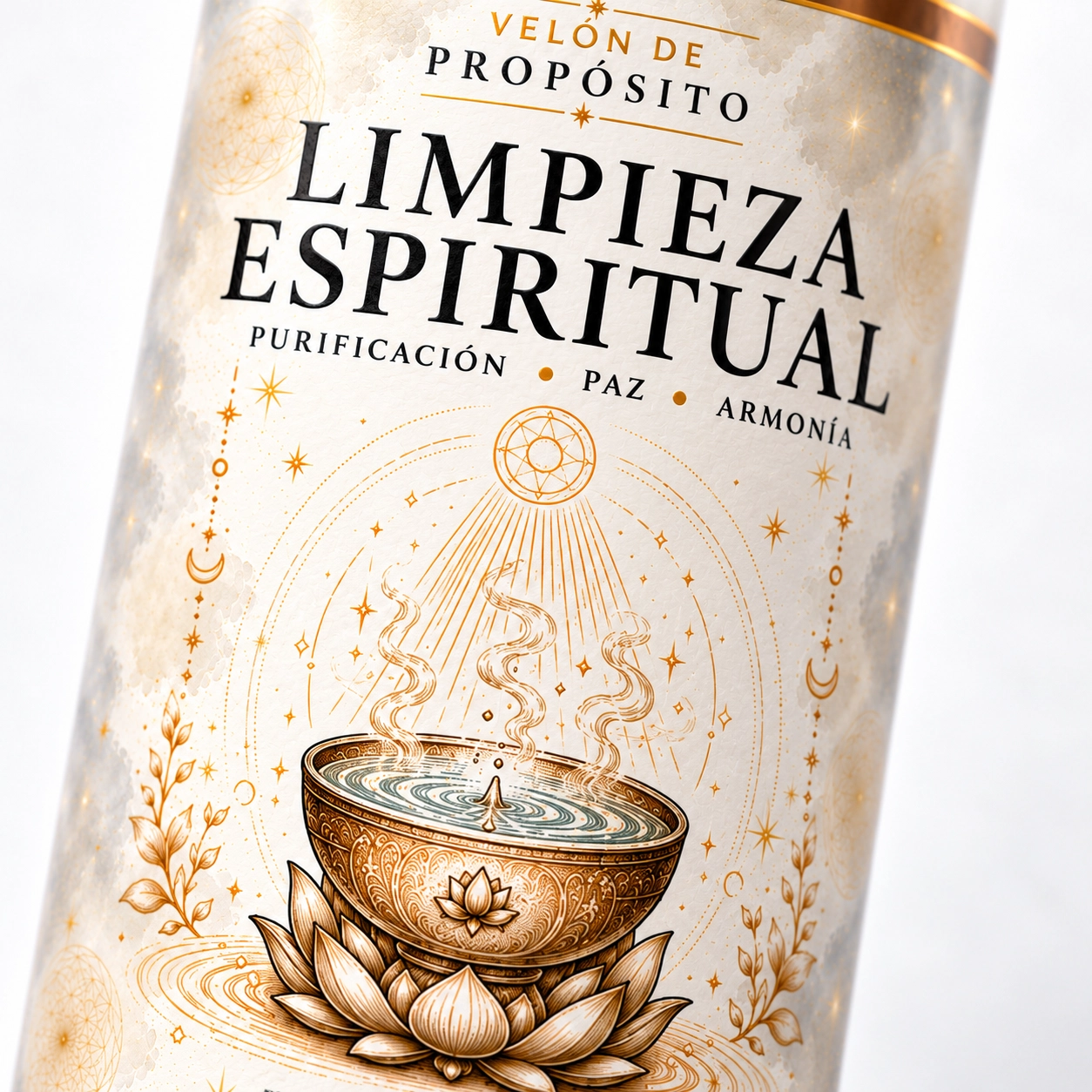 Velón de Limpieza Espiritual – Zi-Enki Velón de Limpieza Espiritual con etiqueta ilustrada de un cuenco de agua sobre una flor de loto