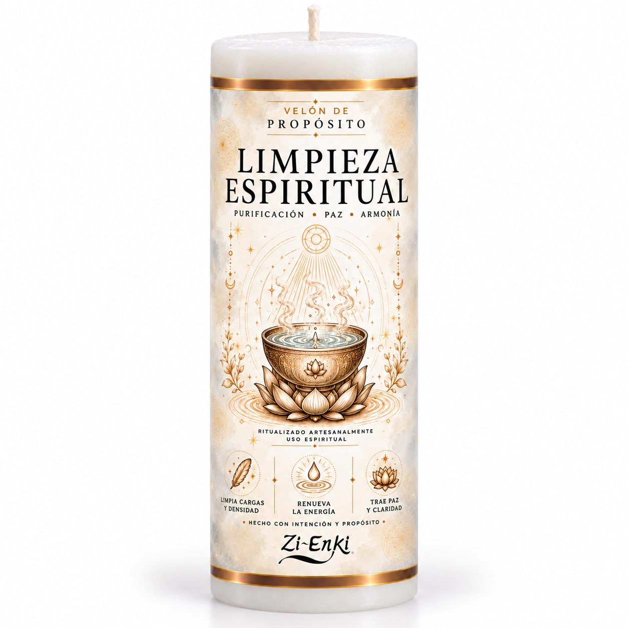 Velón de Limpieza Espiritual con etiqueta ilustrada de un cuenco de agua sobre una flor de loto