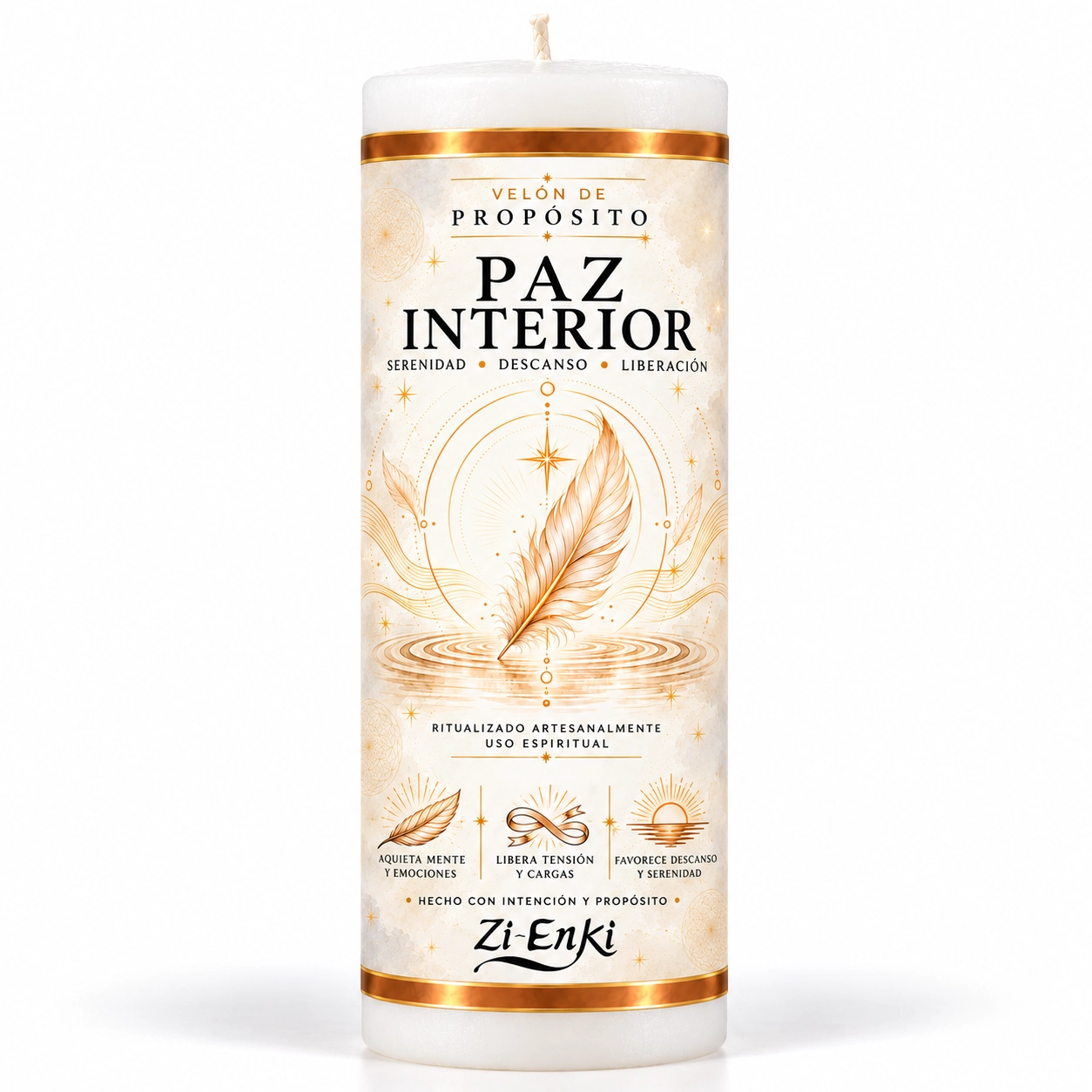 Velón Paz Interior de Zi-Enki con etiqueta ilustrada de una pluma sobre agua con ondas concéntricas