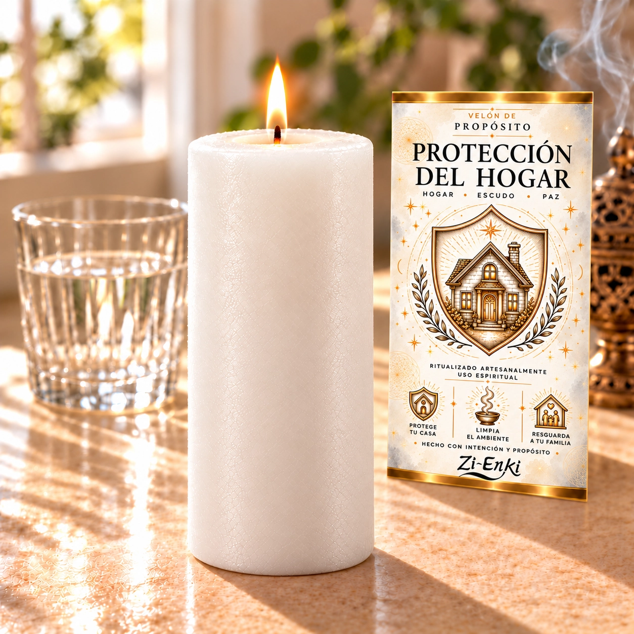 Vela blanca de protección artesanal-4 Velón Protección del Hogar de Zi-Enki con su etiqueta original de una casa dentro de un escudo