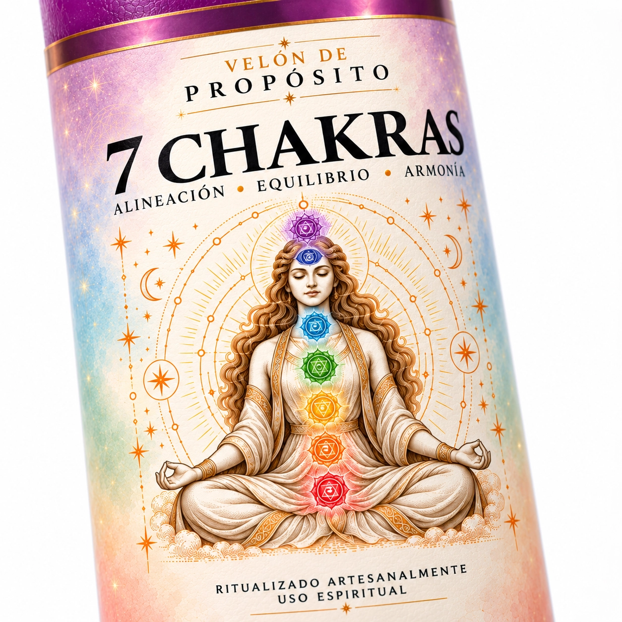 Vela de 7 chakras en armonía-3 Velón 7 Chakras de Zi-Enki con etiqueta ilustrada de una figura meditando y siete símbolos de chakras