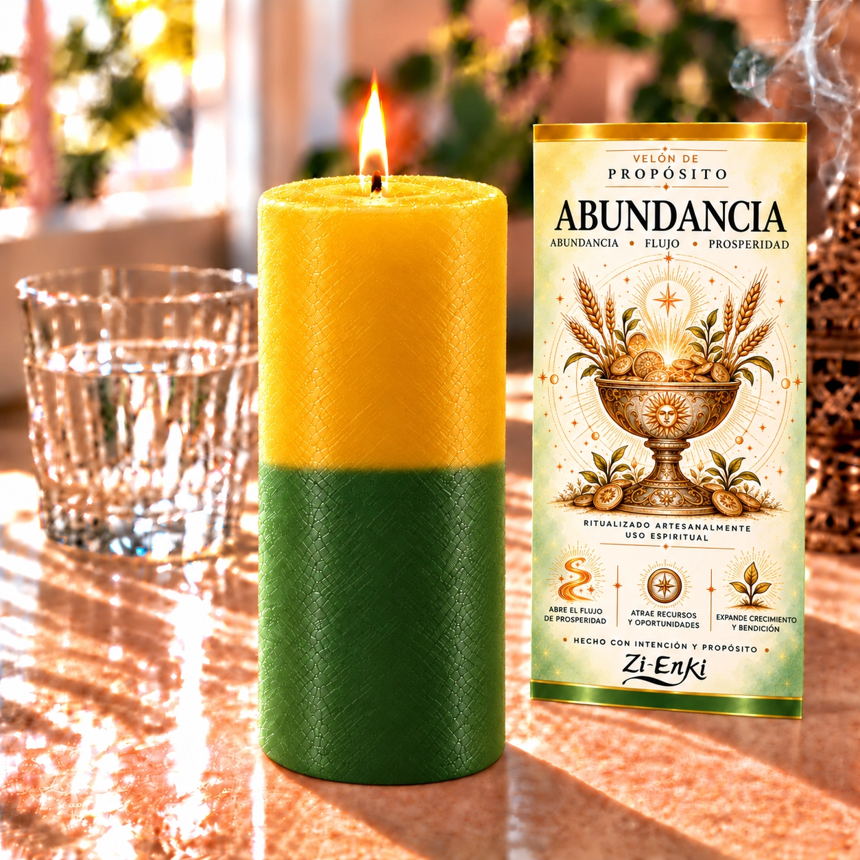 Vela de abundancia bicolor-4 Velón Abundancia de Zi-Enki con etiqueta ilustrada de una copa con monedas, espigas y brotes