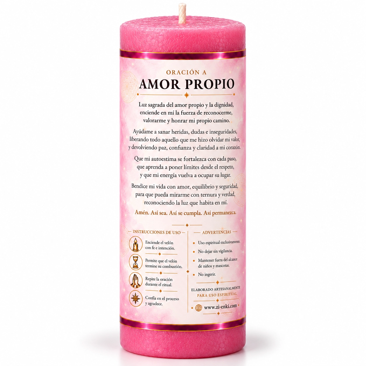 Vela de amor propio, vista trasera Velón de Amor Propio con etiqueta ilustrada de un espejo y un corazón luminoso