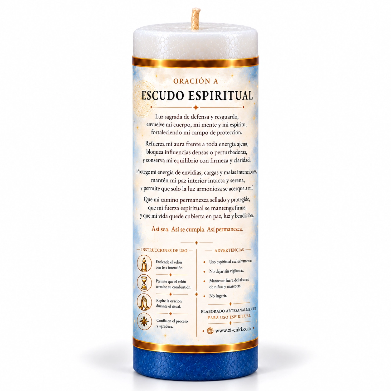 Velón Escudo Espiritual – Zi-Enki Velón Escudo Espiritual con etiqueta ilustrada de una figura rodeada por un óvalo de luz