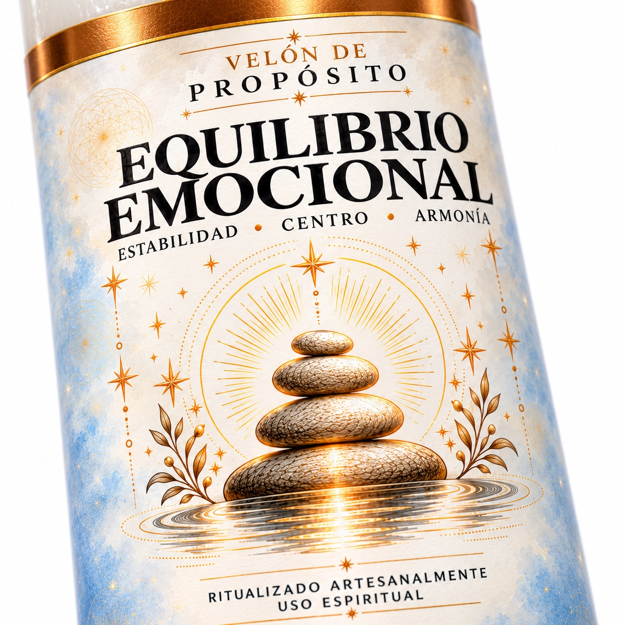 Vela de propósito Equilibrio emocional-3 Velón Equilibrio Emocional de Zi-Enki con etiqueta ilustrada de cuatro piedras apiladas sobre el agua