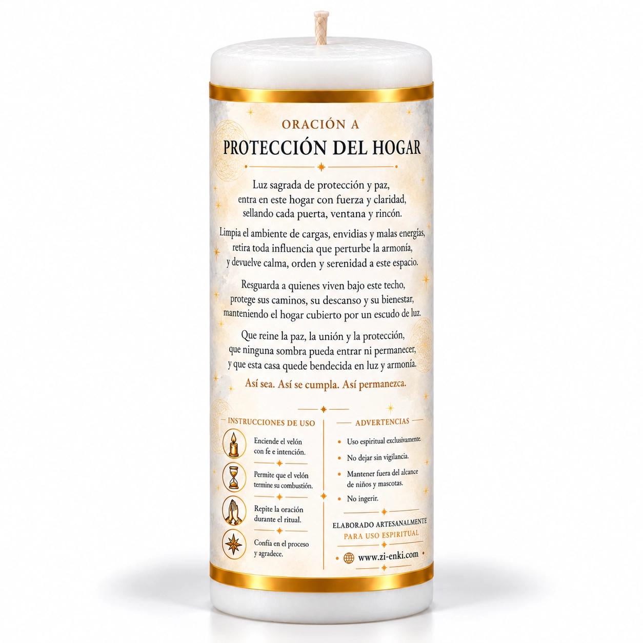 Vela de protección con oración celestial-2 Velón Protección del Hogar de Zi-Enki con su etiqueta original de una casa dentro de un escudo