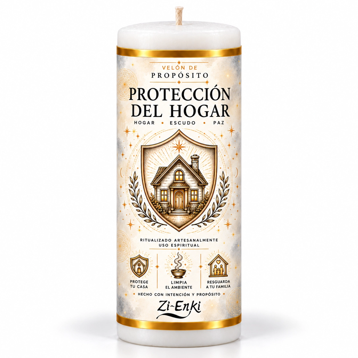 Velón Protección del Hogar de Zi-Enki con su etiqueta original de una casa dentro de un escudo