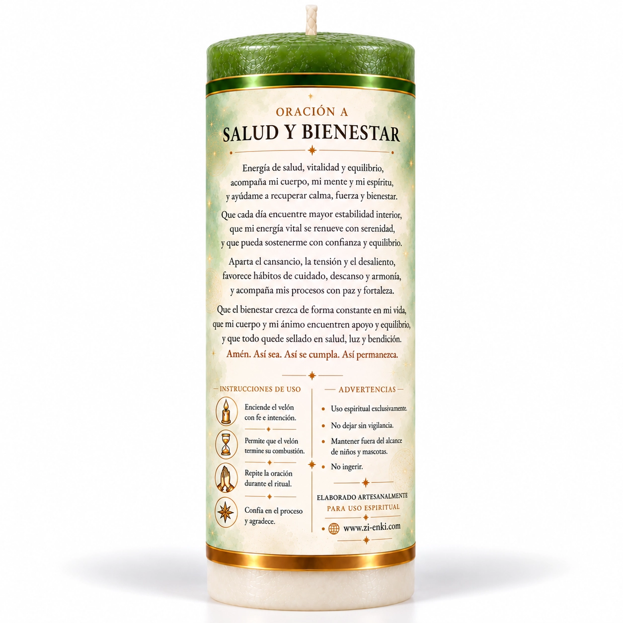 Velón Salud y Bienestar – Zi-Enki Velón Salud y Bienestar de Zi-Enki con etiqueta ilustrada de una serpiente enroscada en una vara entre lirios
