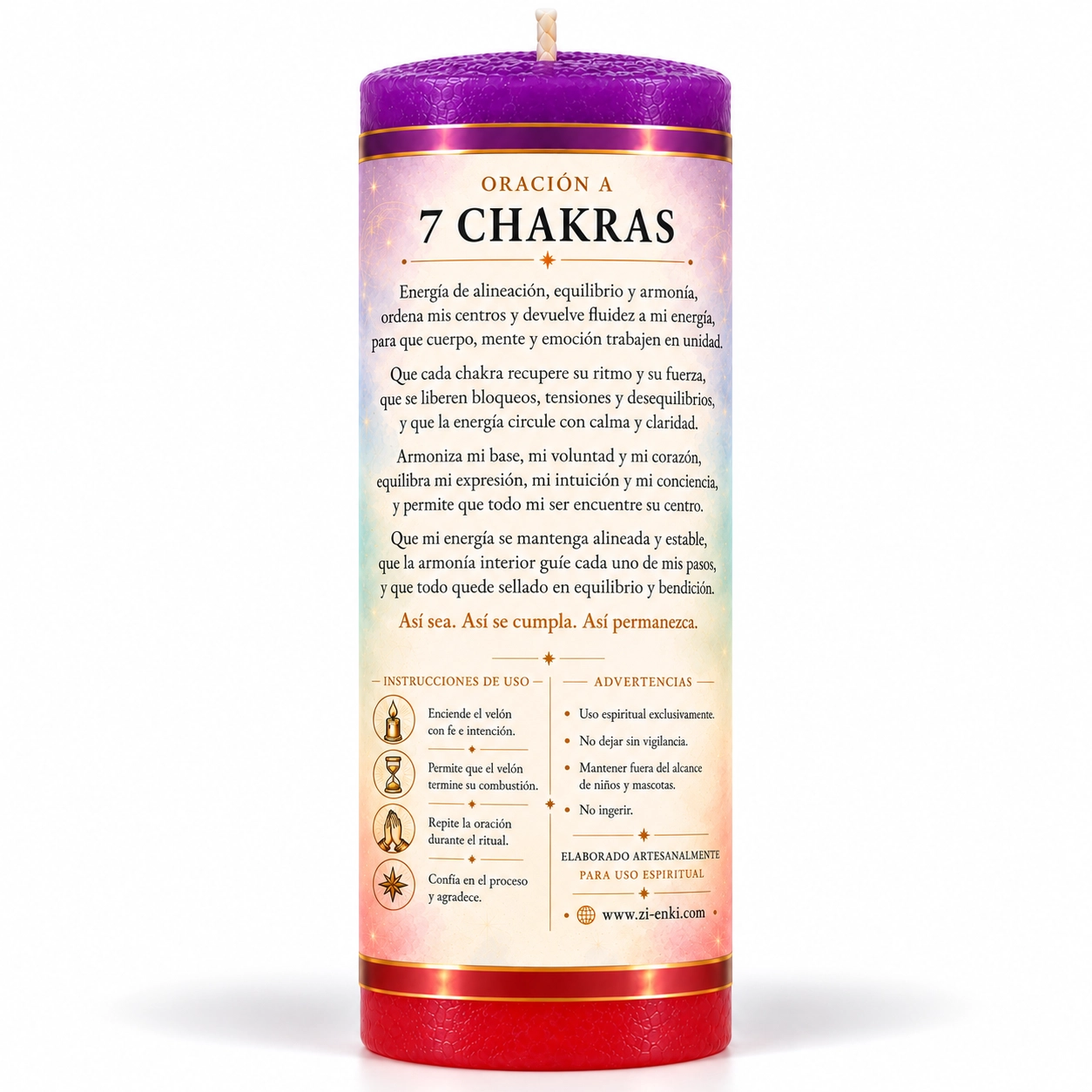 Vela de siete chakras con oración-2 Velón 7 Chakras de Zi-Enki con etiqueta ilustrada de una figura meditando y siete símbolos de chakras