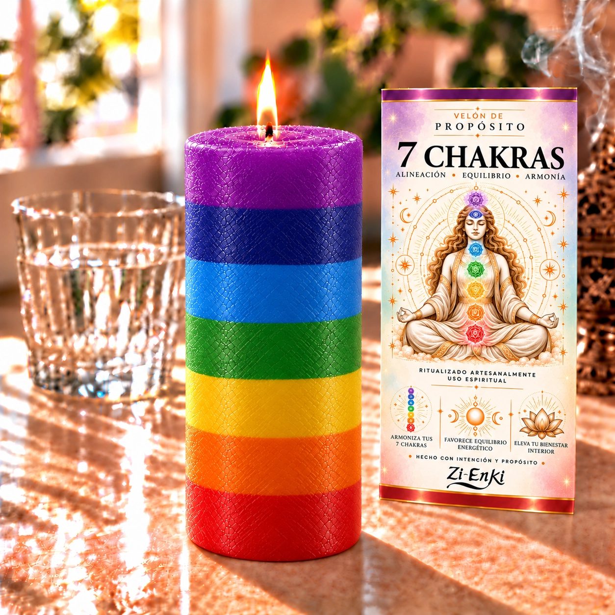Vela de siete chakras en luz cálida-4 Velón 7 Chakras de Zi-Enki con etiqueta ilustrada de una figura meditando y siete símbolos de chakras