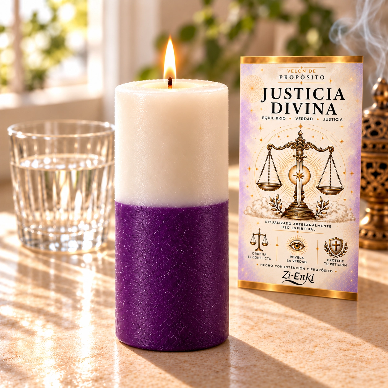 Vela morada Justicia Divina en luz cálida-4 Velón Justicia Divina de Zi-Enki con etiqueta ilustrada de balanza y espada