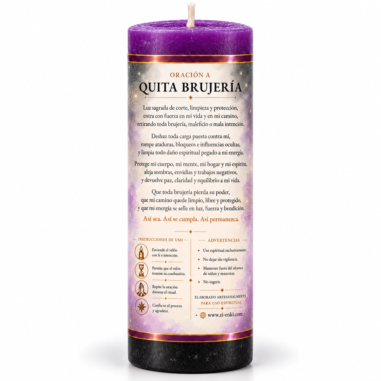 Velón Quita Brujería – Zi-Enki Velón Quita Brujería con etiqueta ilustrada de una mano abierta y un destello en la palma