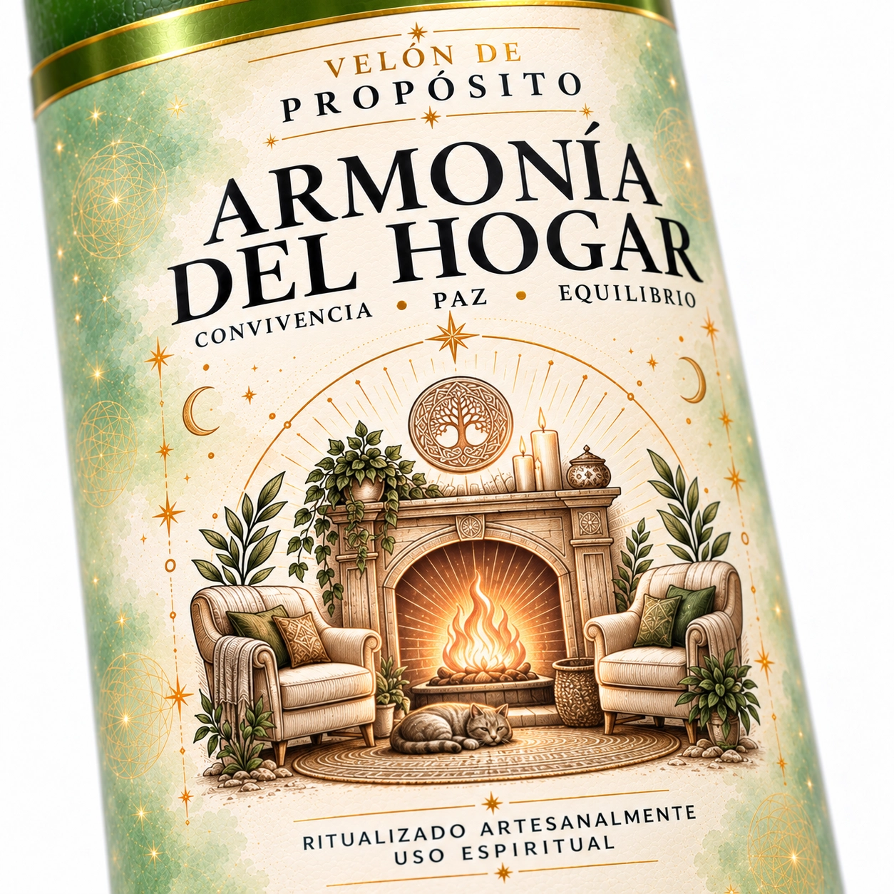 Vela pilar Armonía del Hogar-3 Velón Armonía del Hogar de Zi-Enki con etiqueta ilustrada de una chimenea, dos sillones y un gato descansando