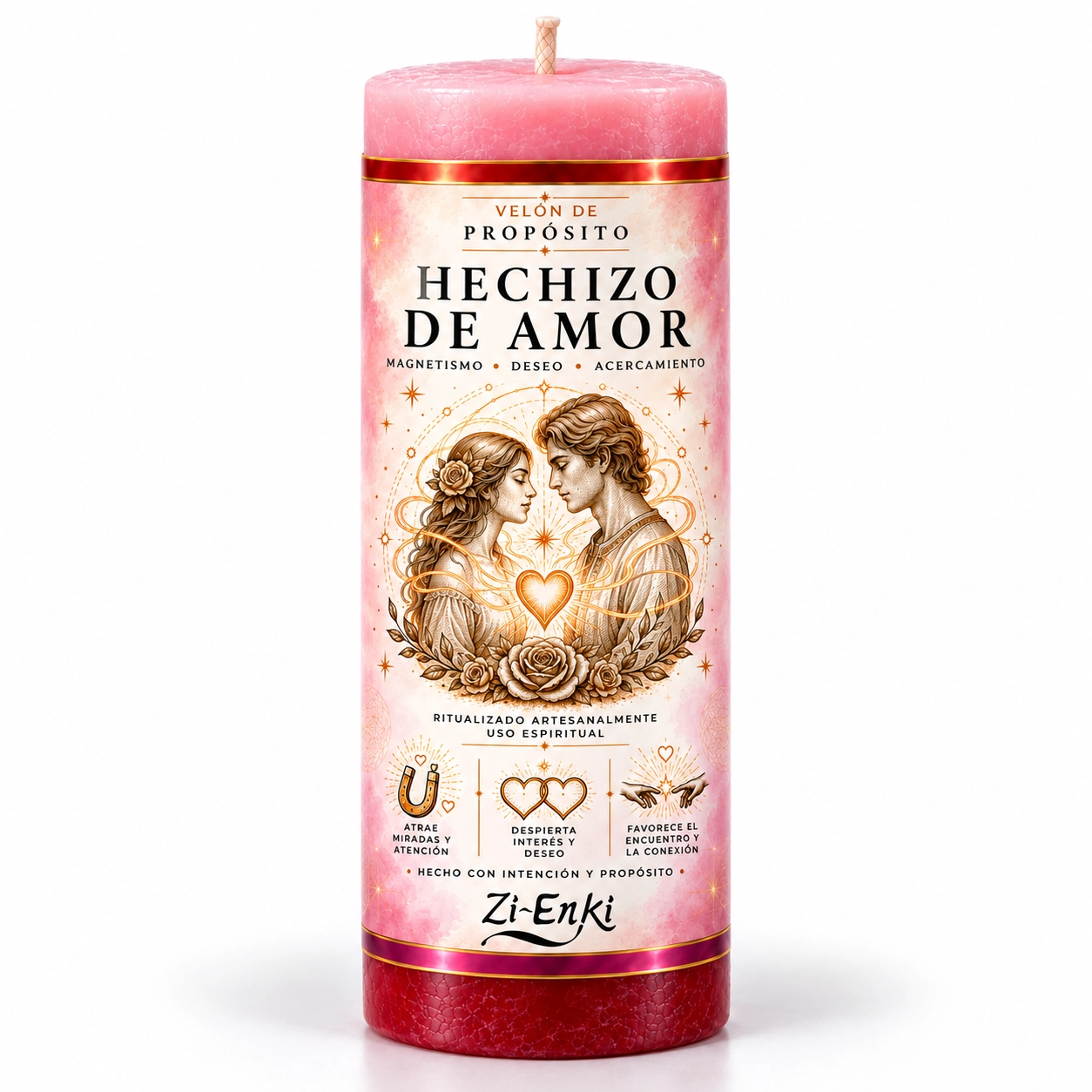 Velón Hechizo de Amor de Zi-Enki con su etiqueta original de una pareja, un corazón luminoso y rosas