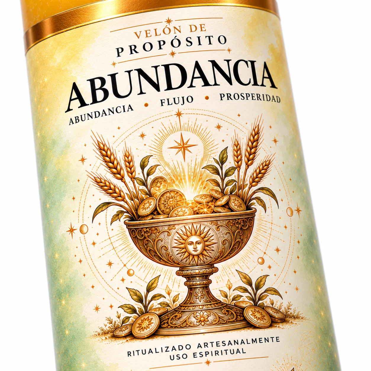 Vela ritual de abundancia artesanal-3 Velón Abundancia de Zi-Enki con etiqueta ilustrada de una copa con monedas, espigas y brotes